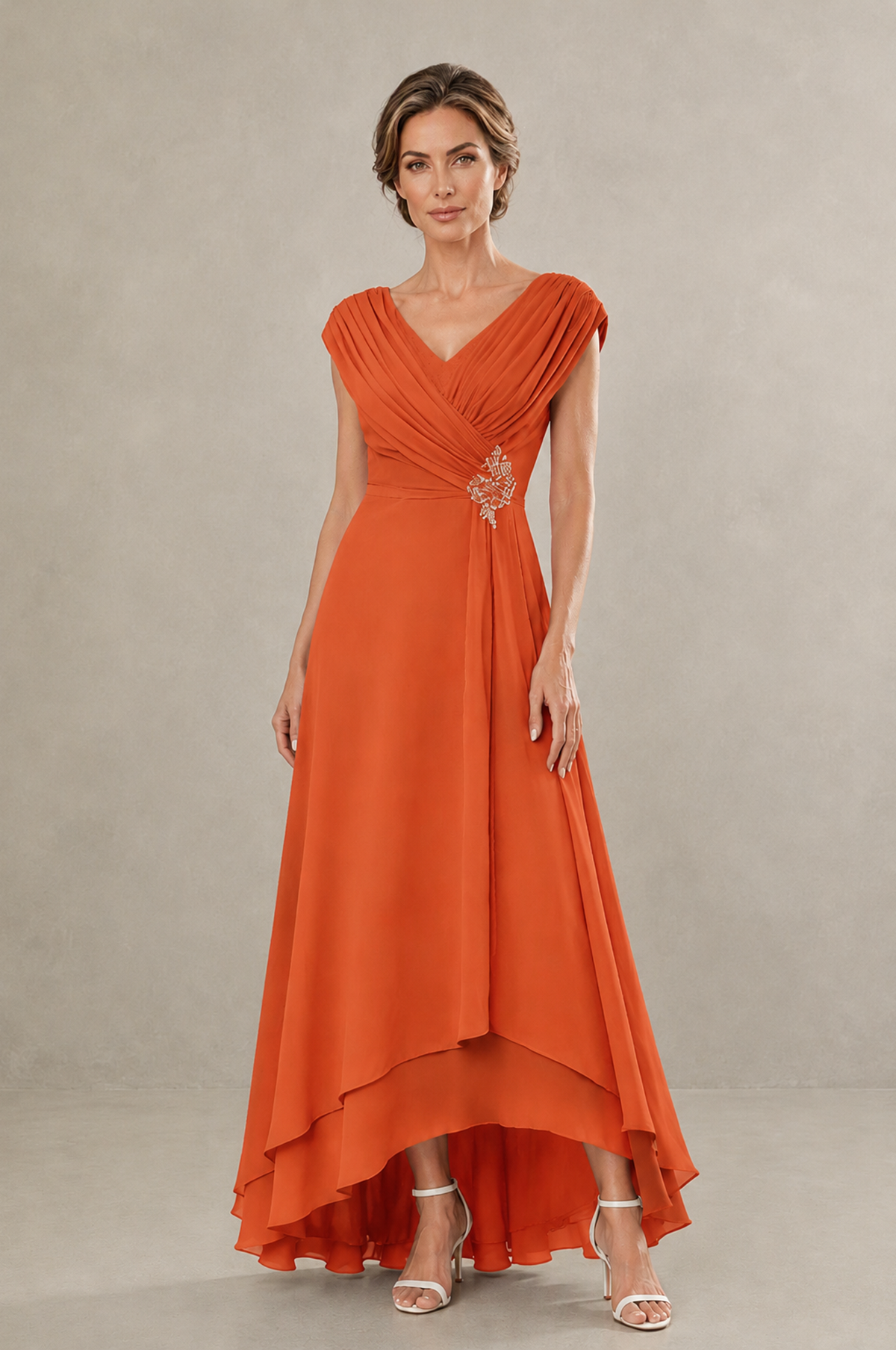 BOLODOO Orange V-Neck High-Low Mother of the Bride Dress - Orange - Orange_01