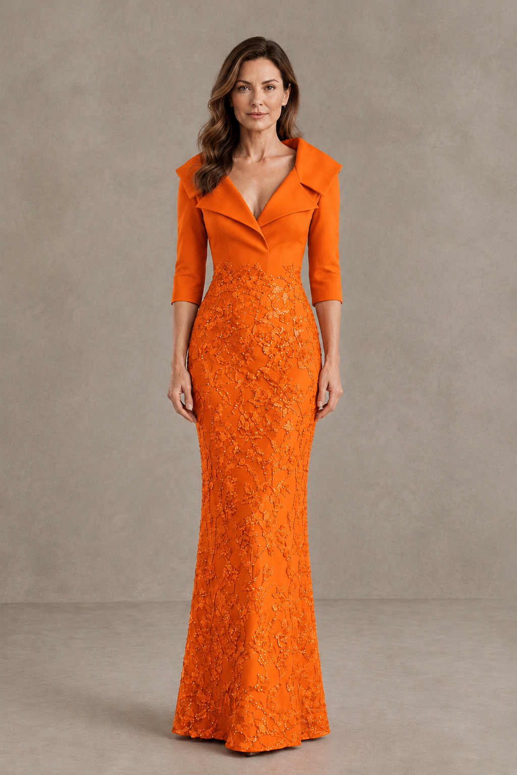 BOLODOO Orange Three-Quarter Sleeve Mermaid Evening Dress with Floral Detail - Orange - Orange_01