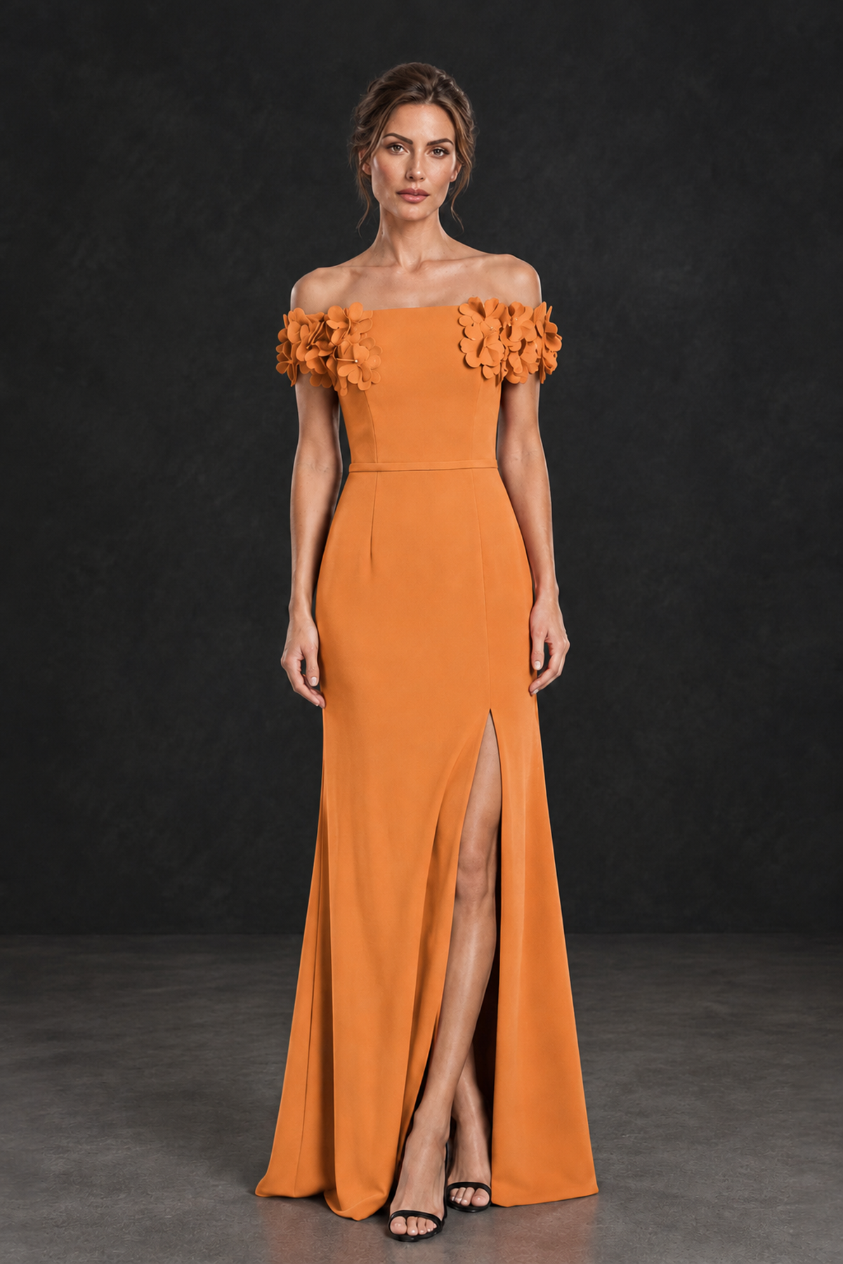 BOLODOO Orange Off-the-Shoulder Mother of the Bride Dress with Floral Appliques - Orange - Orange_01