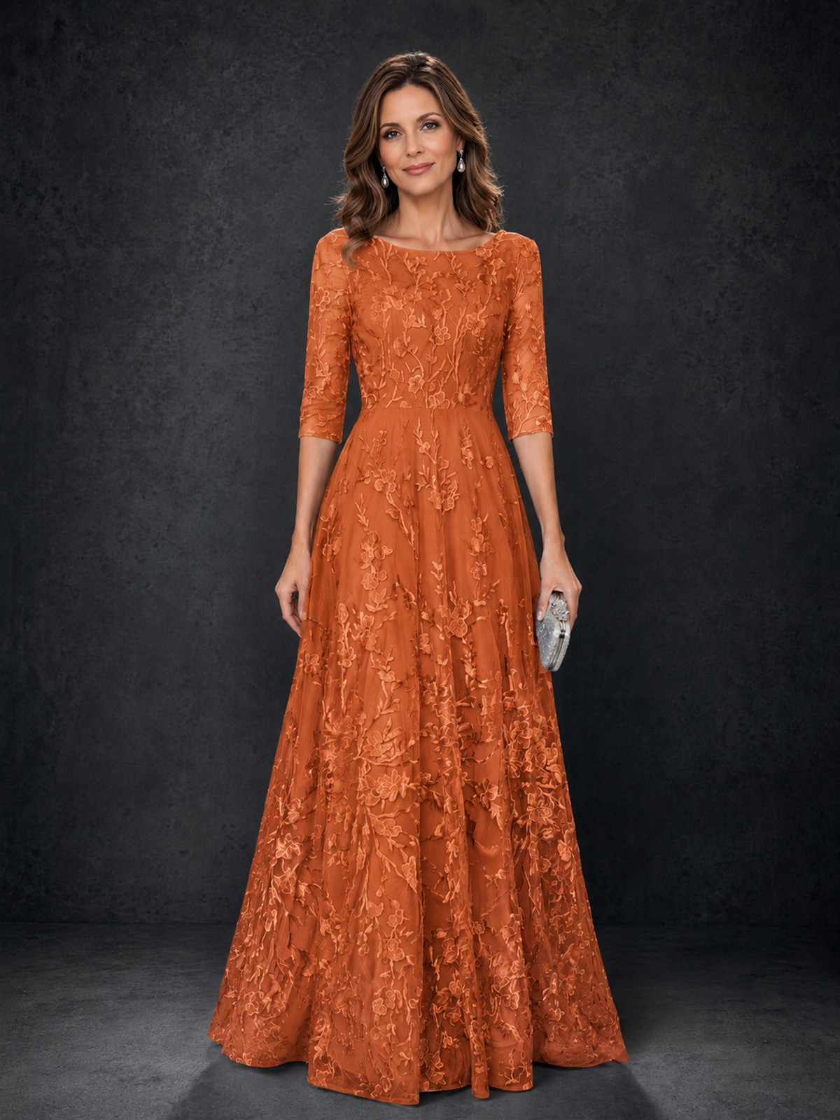 BOLODOO Orange Illusion Bateau Neck 3/4 Sleeve Floral Lace A-Line Mother of the Bride Dress MX007 - Orange - Orange_01