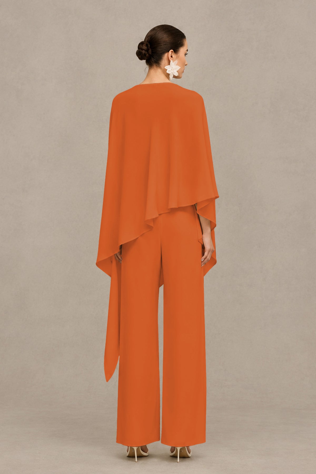 BOLODOO Orange Cape Sleeve Wide-Leg Formal Pantsuit - Orange - Orange_02