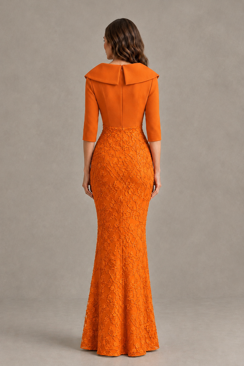 BOLODOO Orange Three-Quarter Sleeve Mermaid Evening Dress with Floral Detail - Orange - Orange_02