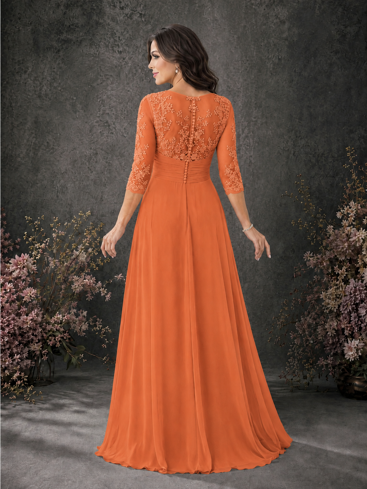 BOLODOO Orange Chiffon Lace Illusion Neckline 3/4 Sleeve Floor Length Formal Gown - Orange - Orange_02