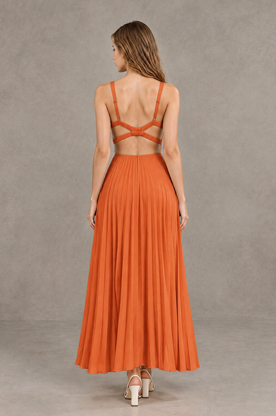 BOLODOO Orange V-Neck Pleated Open-Back Maxi Dress - Orange - Orange_02