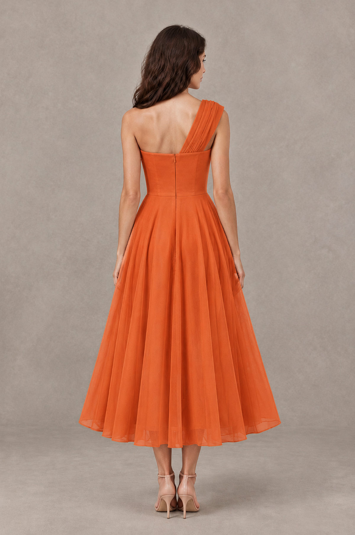 BOLODOO Orange One-Shoulder Floral Tulle Tea-Length Dress - Orange - Orange_02