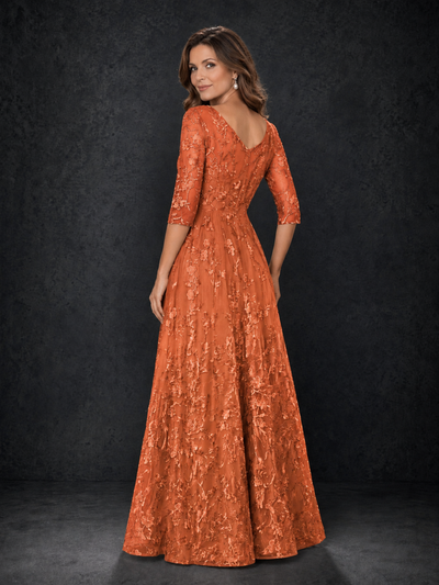 BOLODOO Orange Illusion Bateau Neck 3/4 Sleeve Floral Lace A-Line Mother of the Bride Dress MX007 - Orange - Orange_02