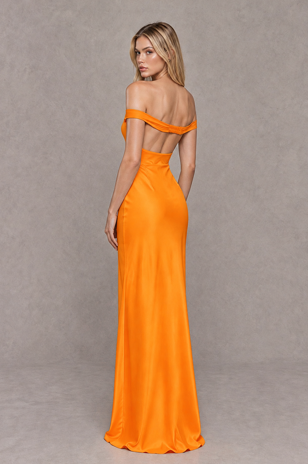 BOLODOO Orange Off-Shoulder Open-Back Satin Evening Gown - Orange - Orange_02