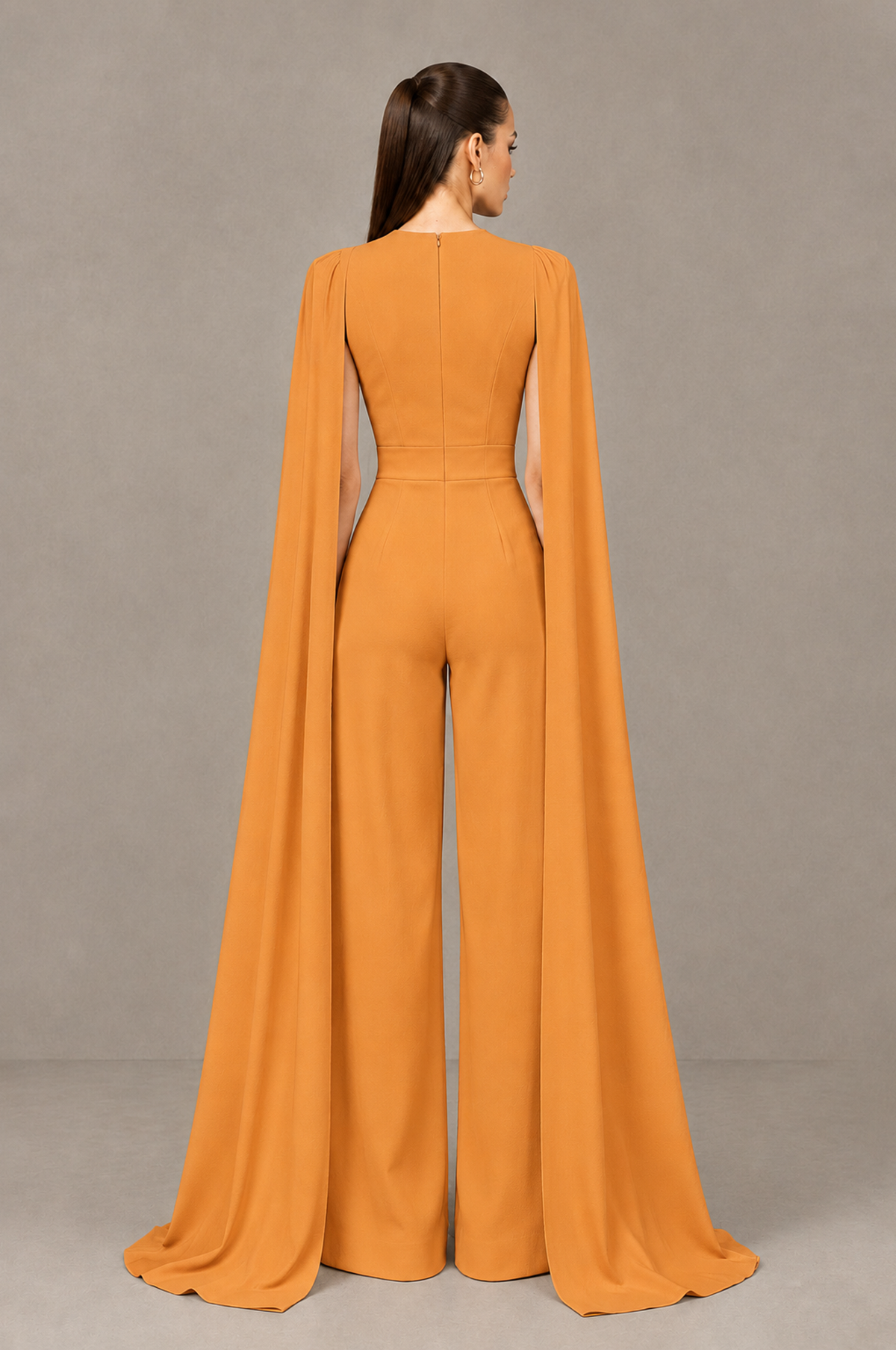 BOLODOO Orange Deep V-Neck Cape Sleeve Bridal Jumpsuit - Orange - Orange_02