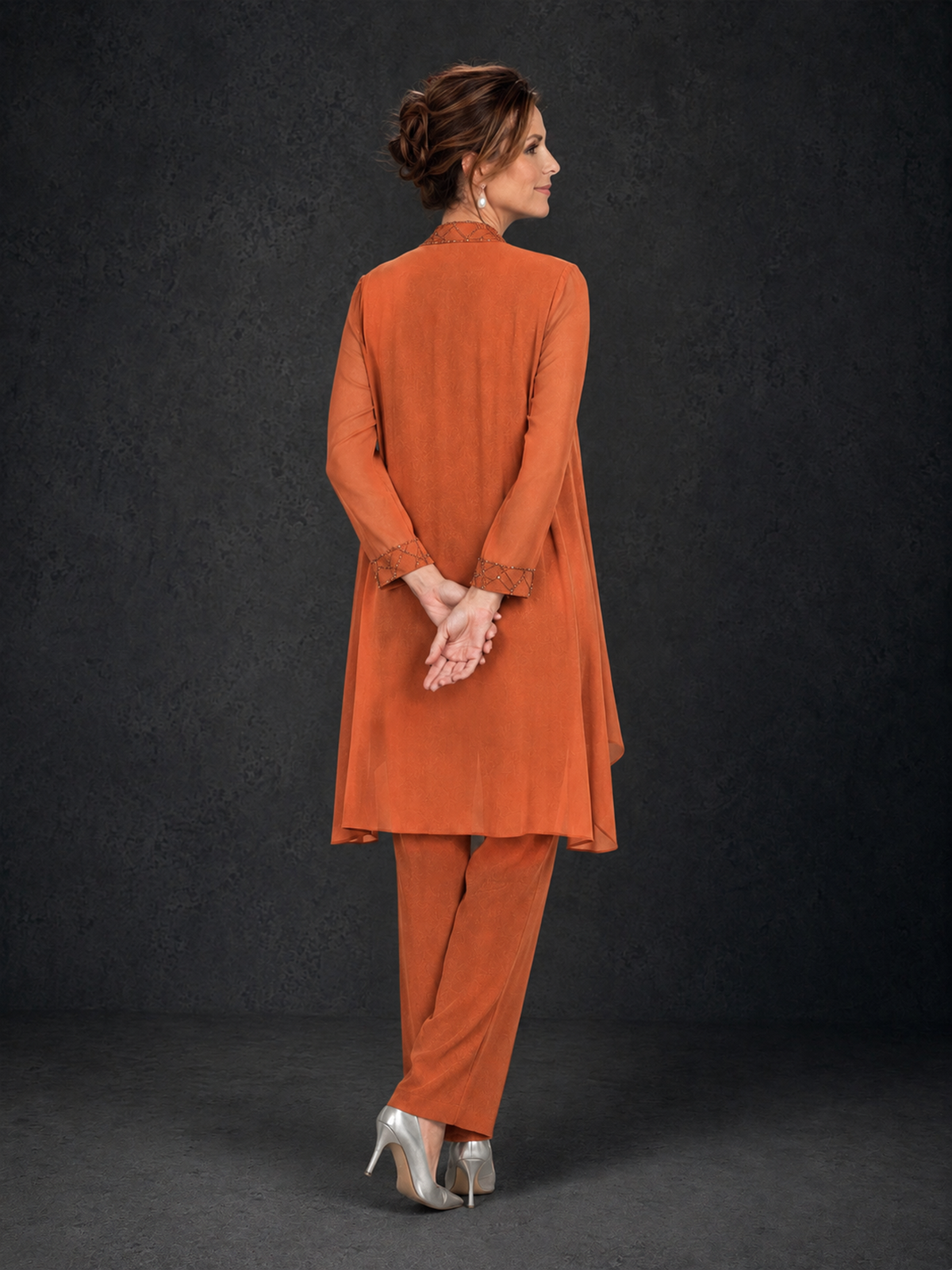 BOLODOO Orange 3-Piece Beaded Chiffon Duster Jacket Pant Suit - Orange - Orange_02