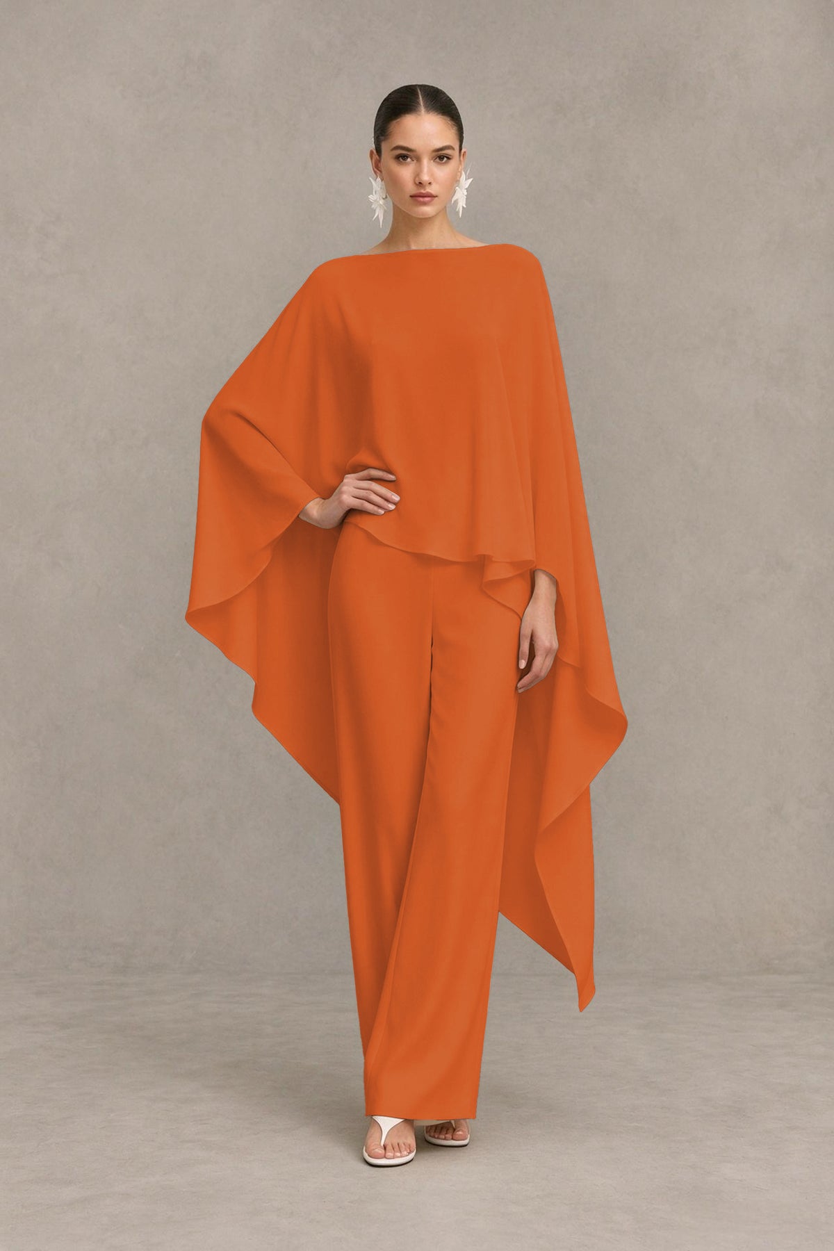 BOLODOO Orange Cape Sleeve Wide-Leg Formal Pantsuit - Orange - Orange_03