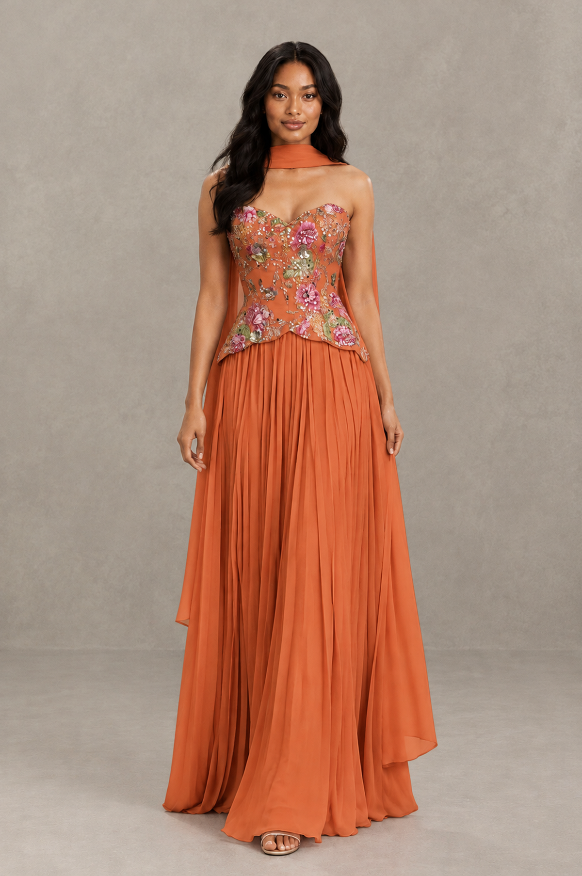 BOLODOO Orange Strapless Beaded Floral Corset Chiffon Maxi Gown – Open Back Prom & Formal Evening Dress - Orange - Orange_03