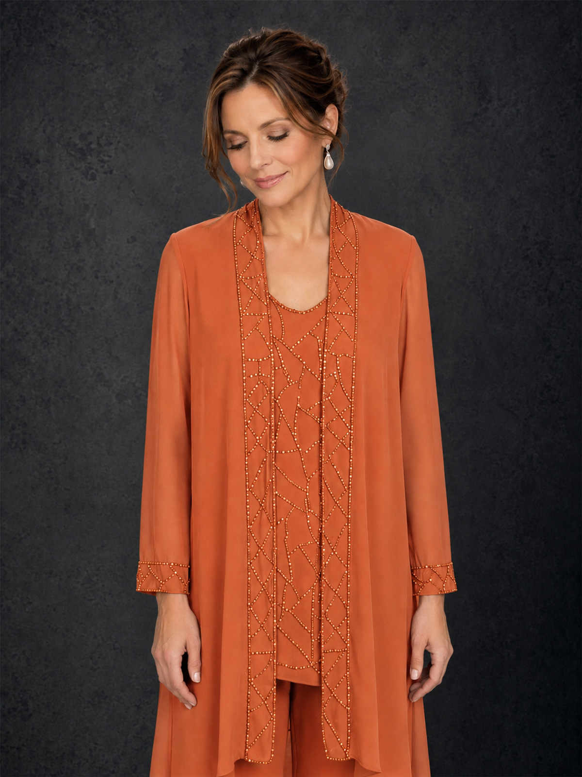 BOLODOO Orange 3-Piece Beaded Chiffon Duster Jacket Pant Suit - Orange - Orange_03