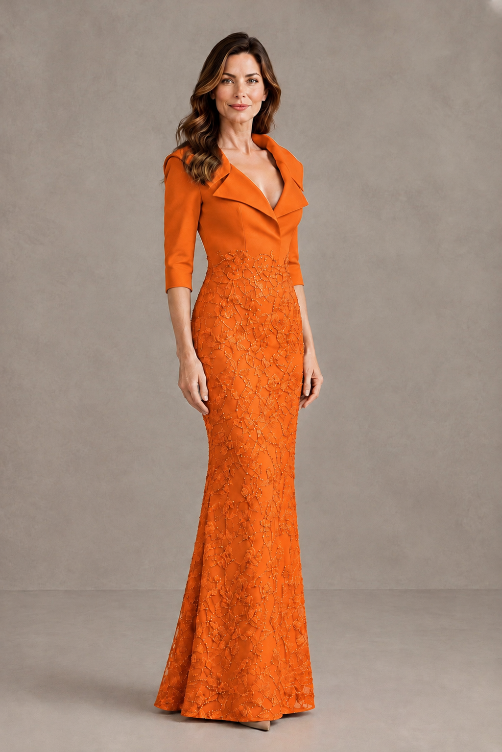 BOLODOO Orange Three-Quarter Sleeve Mermaid Evening Dress with Floral Detail - Orange - Orange_03