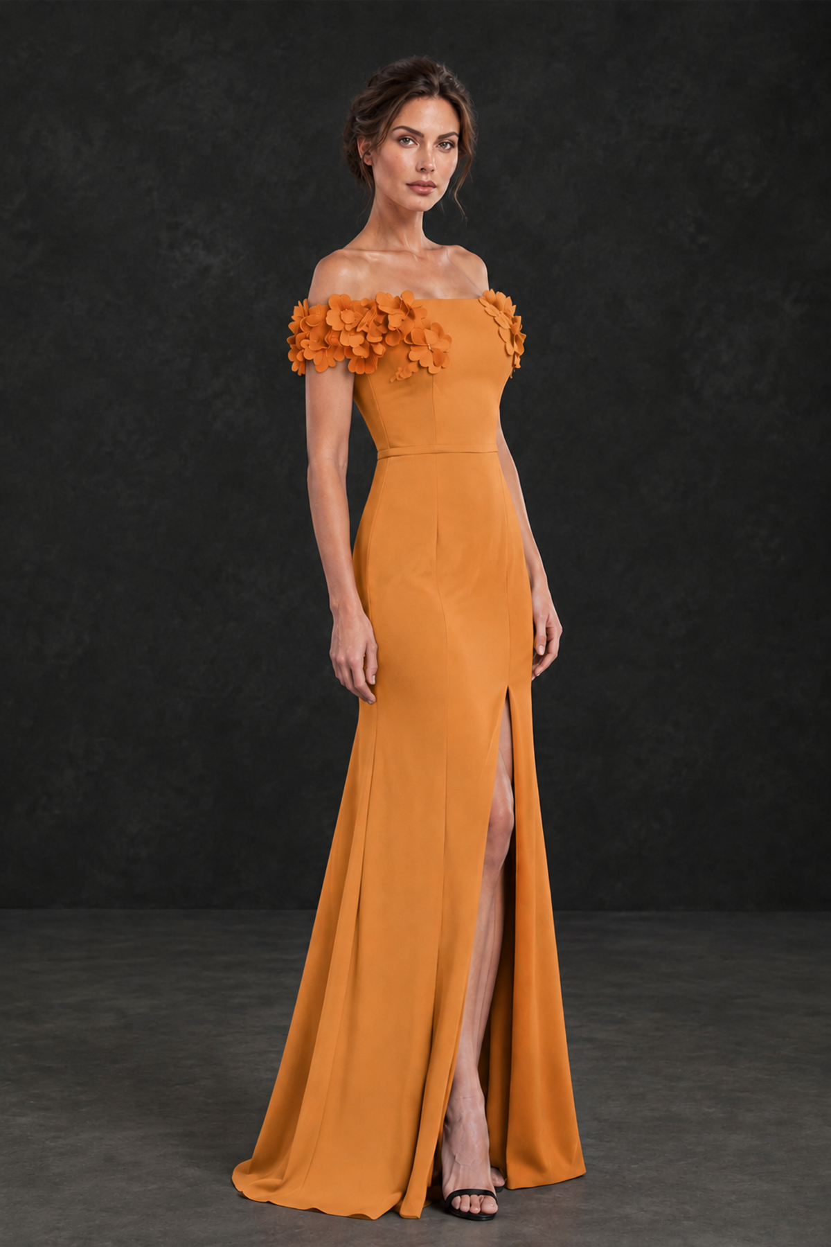 BOLODOO Orange Off-the-Shoulder Mother of the Bride Dress with Floral Appliques - Orange - Orange_03