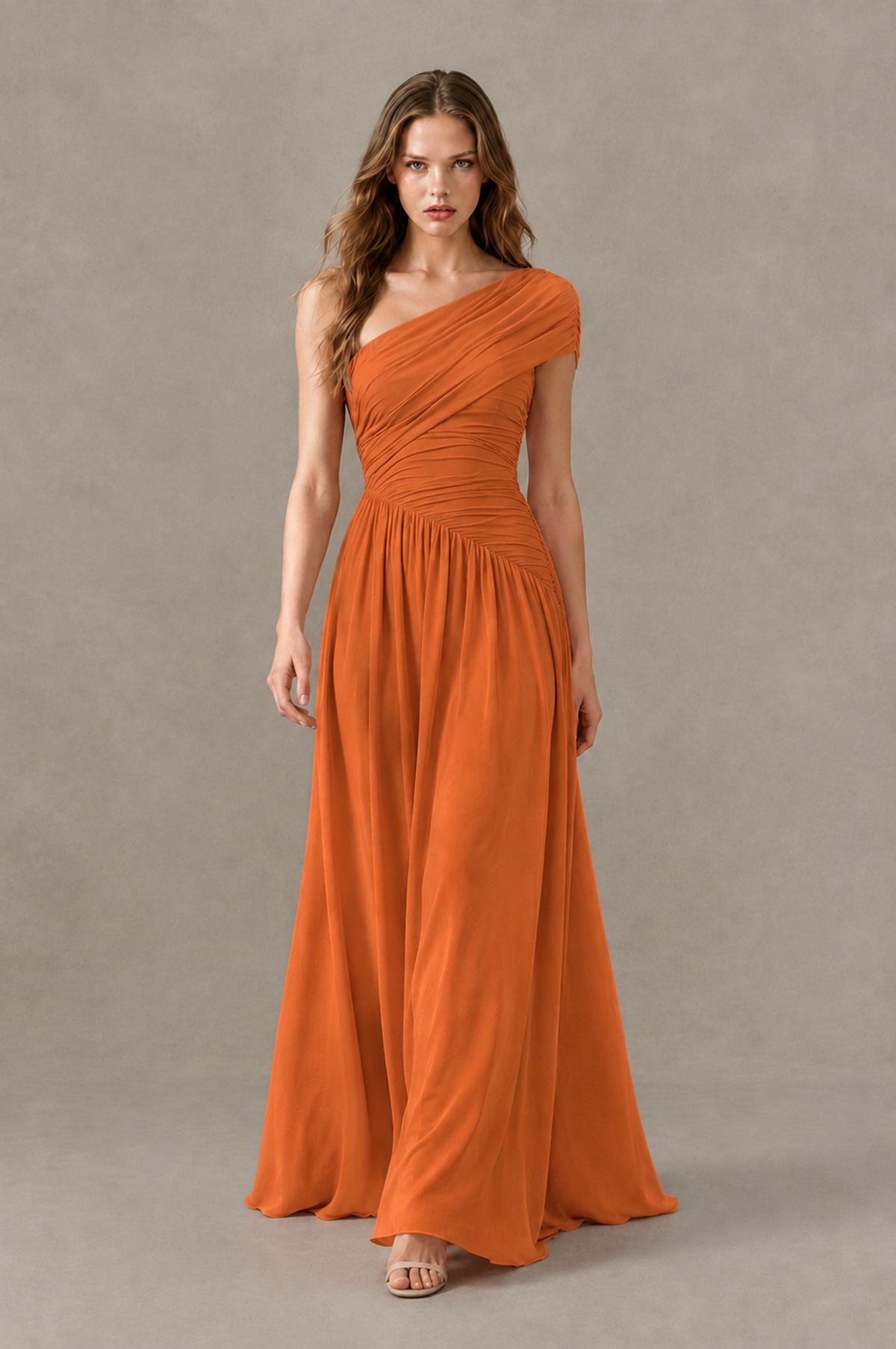 BOLODOO Orange One-Shoulder Ruched Floor-Length Bridesmaid Dress - Orange - Orange_03