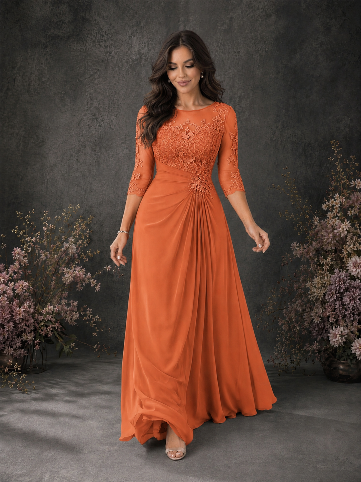 BOLODOO Orange Chiffon Lace Illusion Neckline 3/4 Sleeve Floor Length Formal Gown - Orange - Orange_03