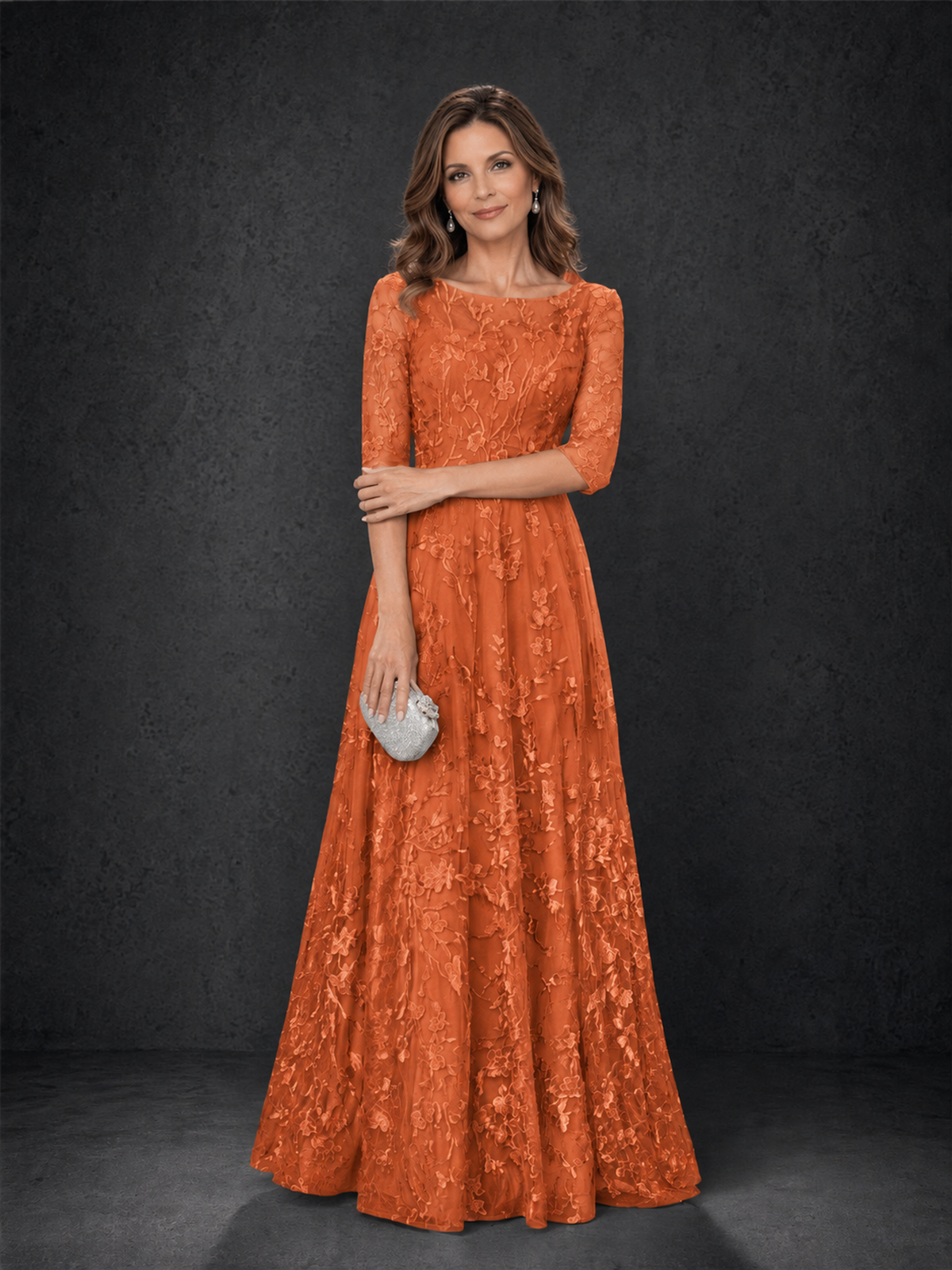 BOLODOO Orange Illusion Bateau Neck 3/4 Sleeve Floral Lace A-Line Mother of the Bride Dress MX007 - Orange - Orange_03