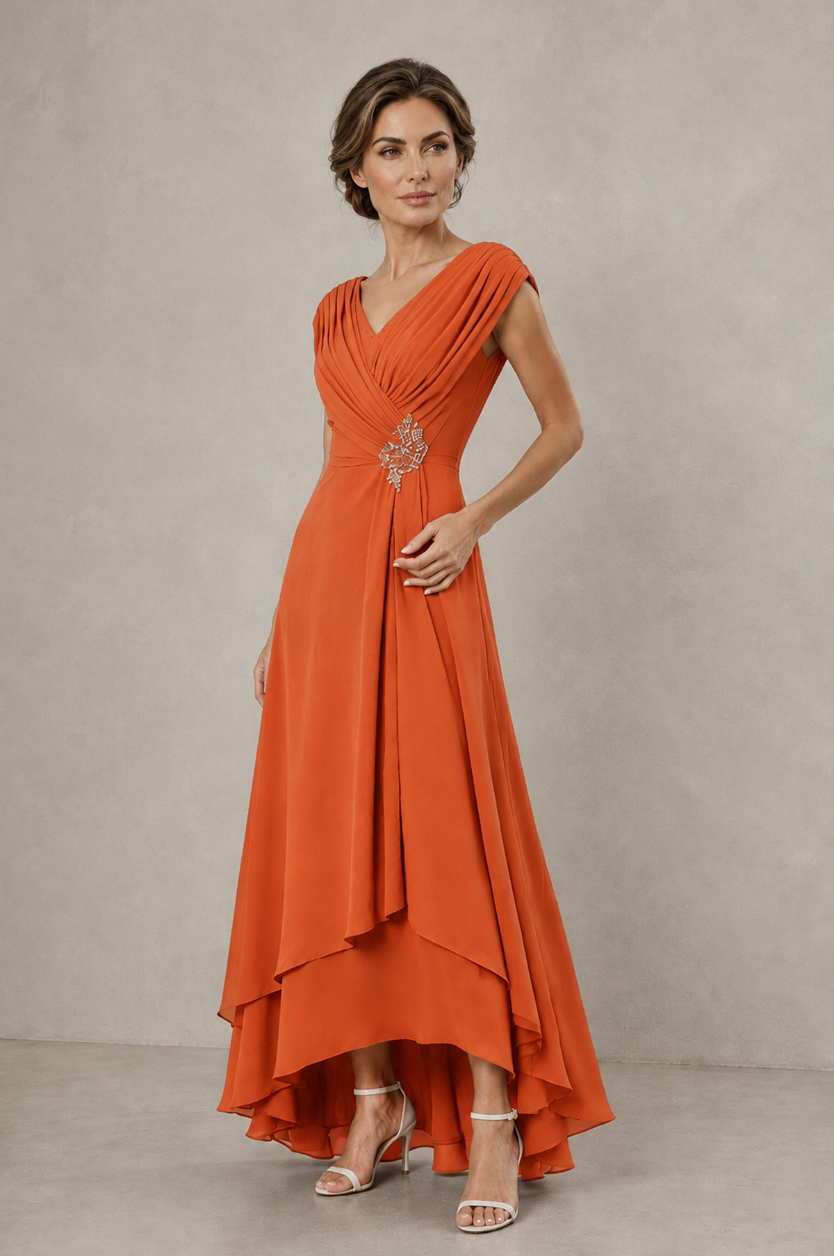 BOLODOO Orange V-Neck High-Low Mother of the Bride Dress - Orange - Orange_03