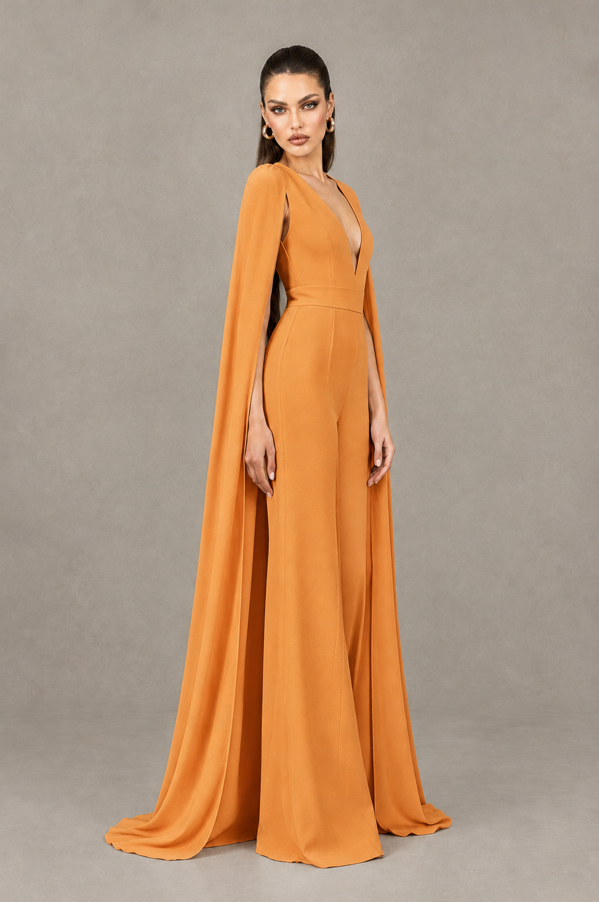 BOLODOO Orange Deep V-Neck Cape Sleeve Bridal Jumpsuit - Orange - Orange_03