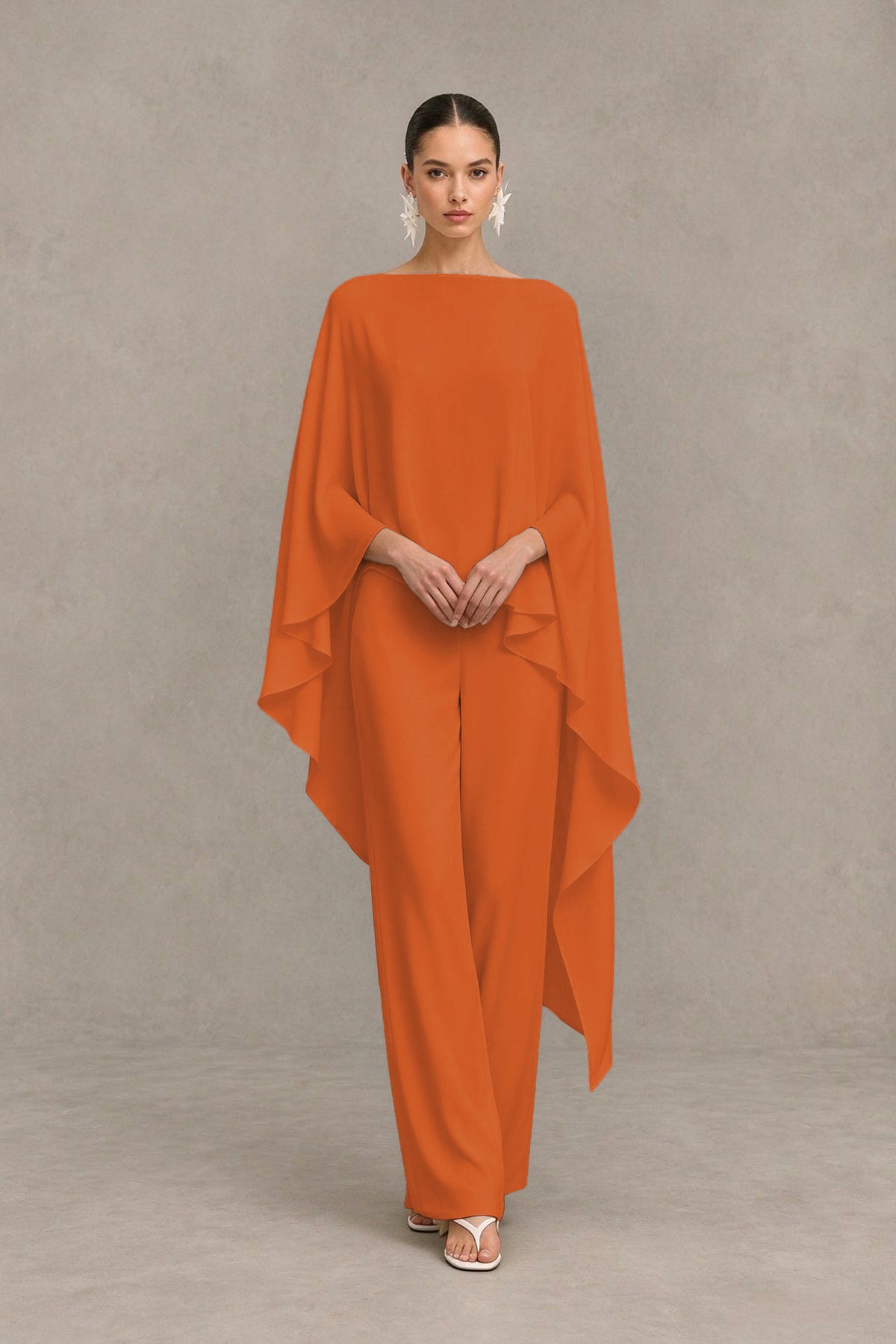 BOLODOO Orange Cape Sleeve Wide-Leg Formal Pantsuit - Orange - Orange_04