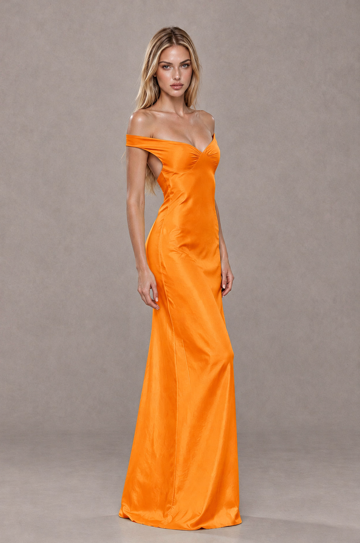BOLODOO Orange Off-Shoulder Open-Back Satin Evening Gown - Orange - Orange_04