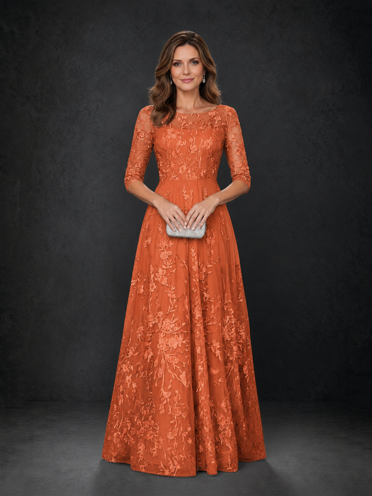 BOLODOO Orange Illusion Bateau Neck 3/4 Sleeve Floral Lace A-Line Mother of the Bride Dress MX007 - Orange - Orange_04