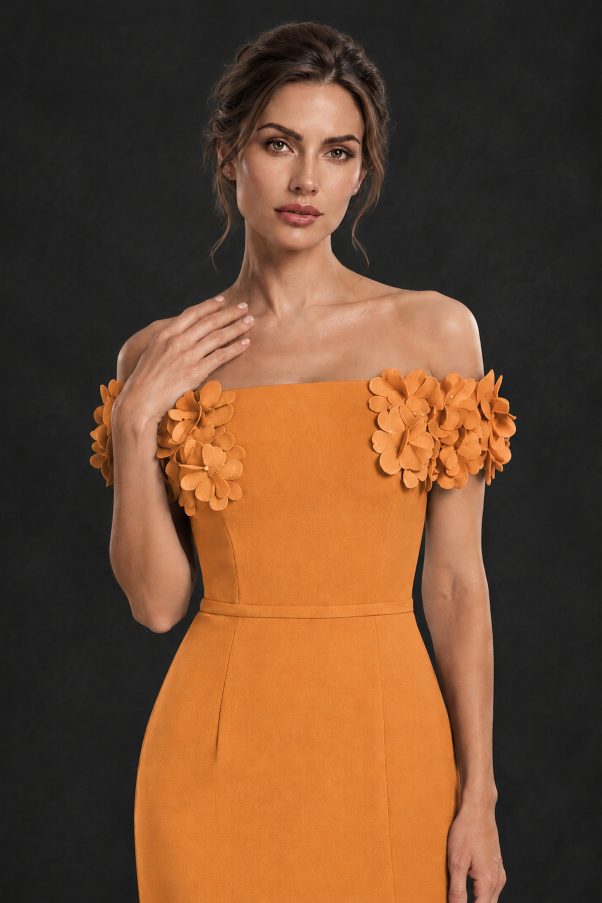 BOLODOO Orange Off-the-Shoulder Mother of the Bride Dress with Floral Appliques - Orange - Orange_04