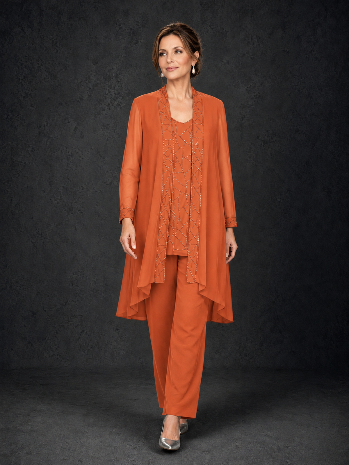 BOLODOO Orange 3-Piece Beaded Chiffon Duster Jacket Pant Suit - Orange - Orange_04