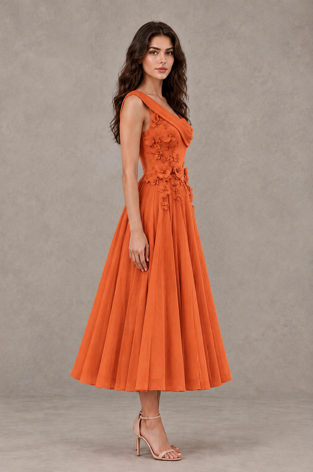 BOLODOO Orange One-Shoulder Floral Tulle Tea-Length Dress - Orange - Orange_04