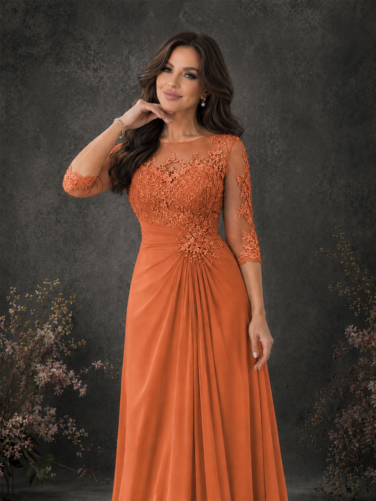 BOLODOO Orange Chiffon Lace Illusion Neckline 3/4 Sleeve Floor Length Formal Gown - Orange - Orange_04
