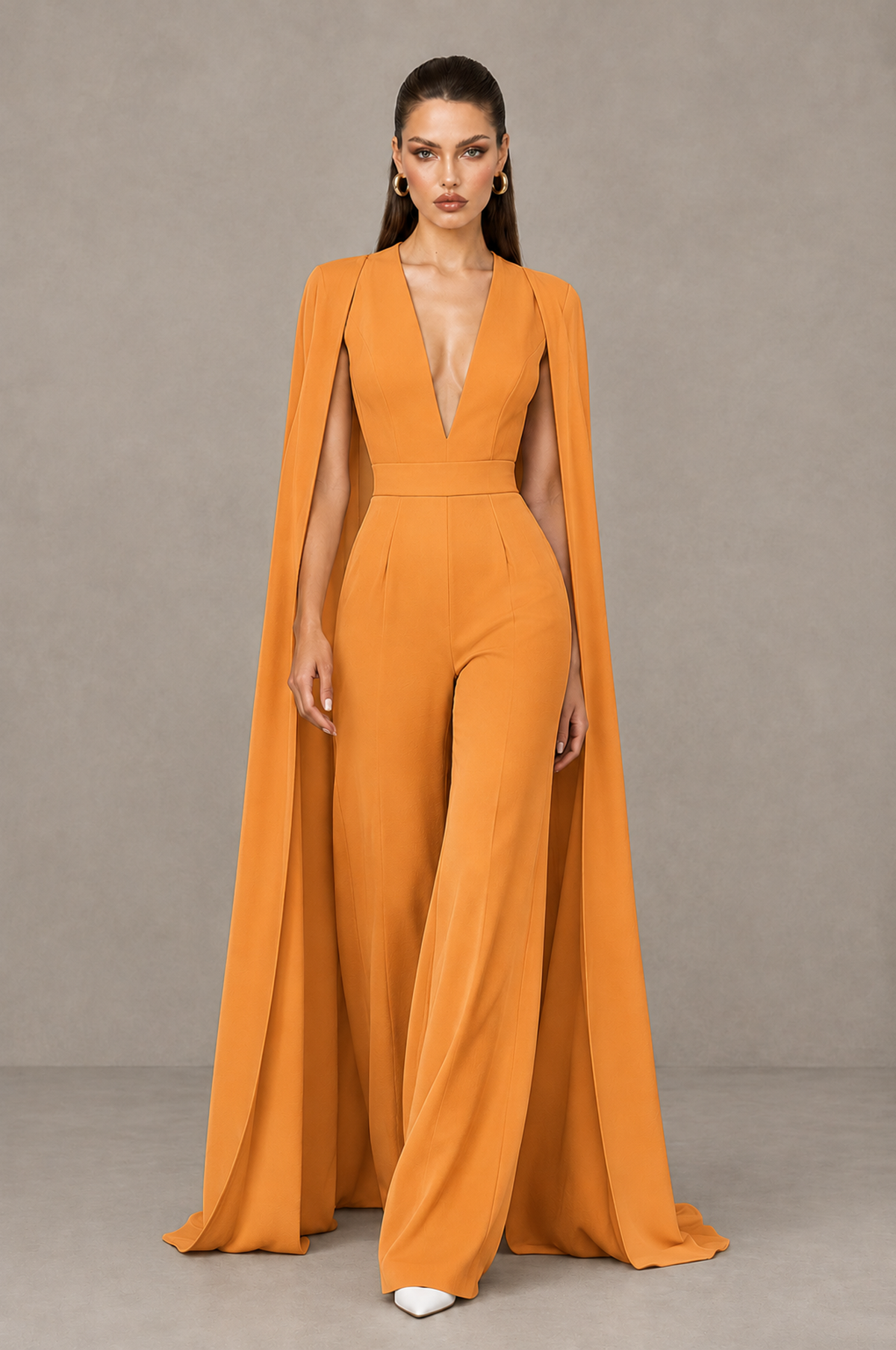 BOLODOO Orange Deep V-Neck Cape Sleeve Bridal Jumpsuit - Orange - Orange_04