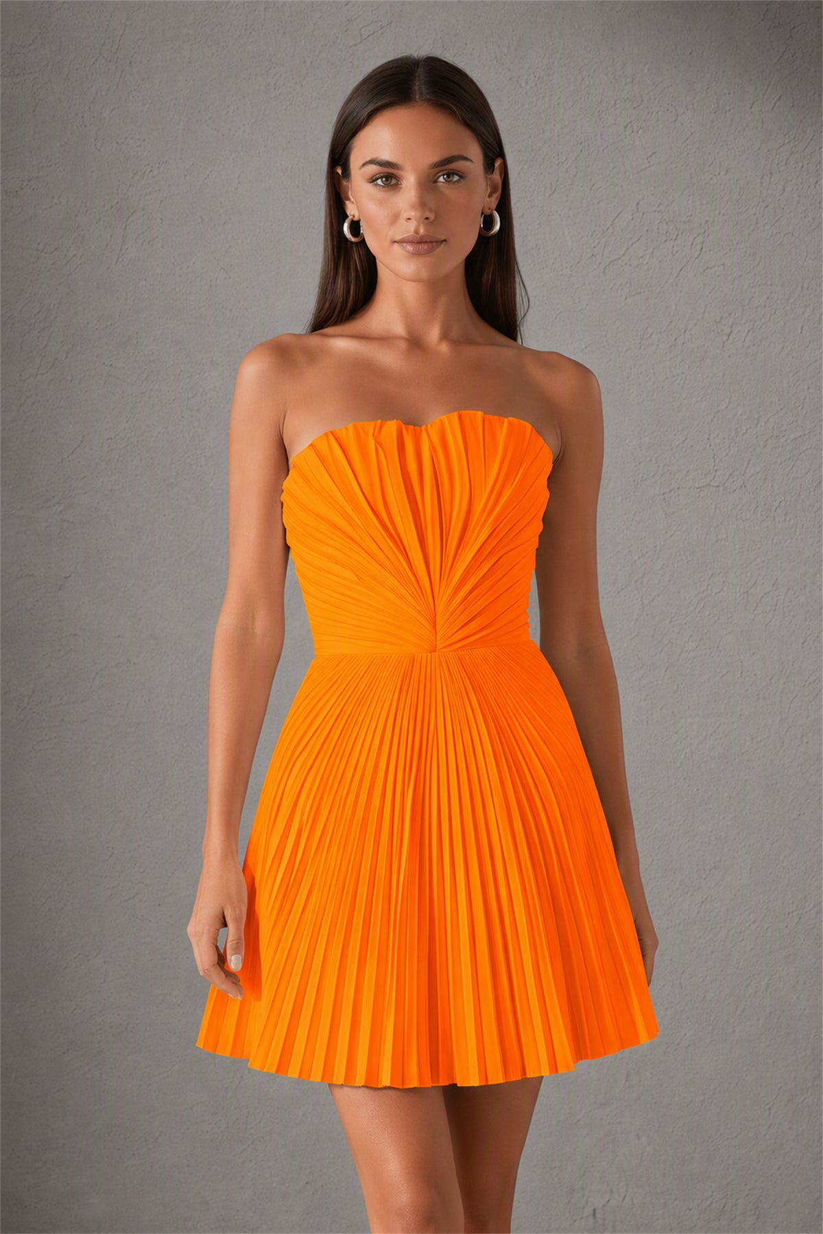 BOLODOO Orange Strapless Sweetheart Pleated Corset Mini Dress with Lace-Up Back - Orange