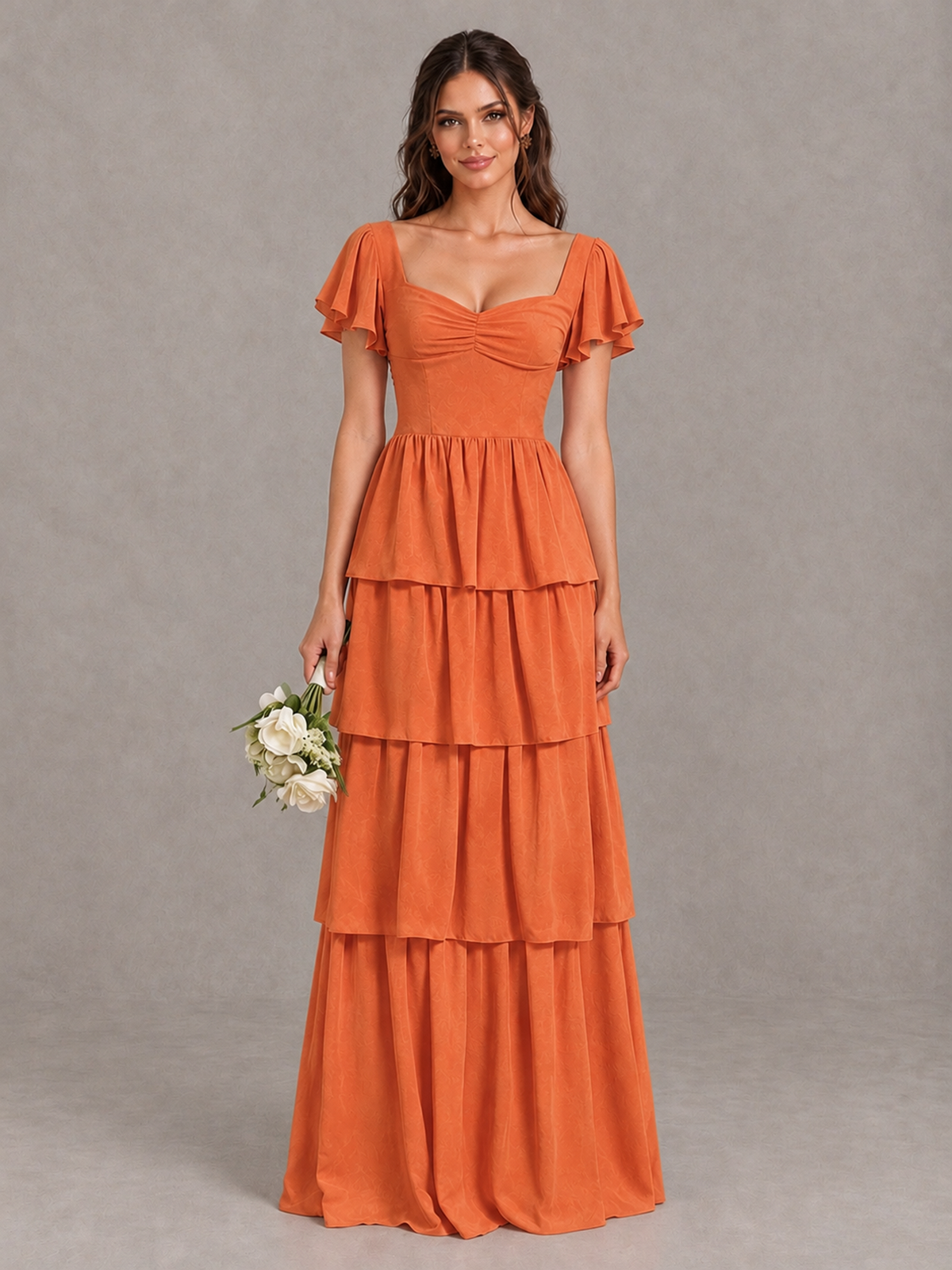 BOLODOO Orange Flutter Sleeve Tiered Maxi Bridesmaid Dress - Orange - Orange_1