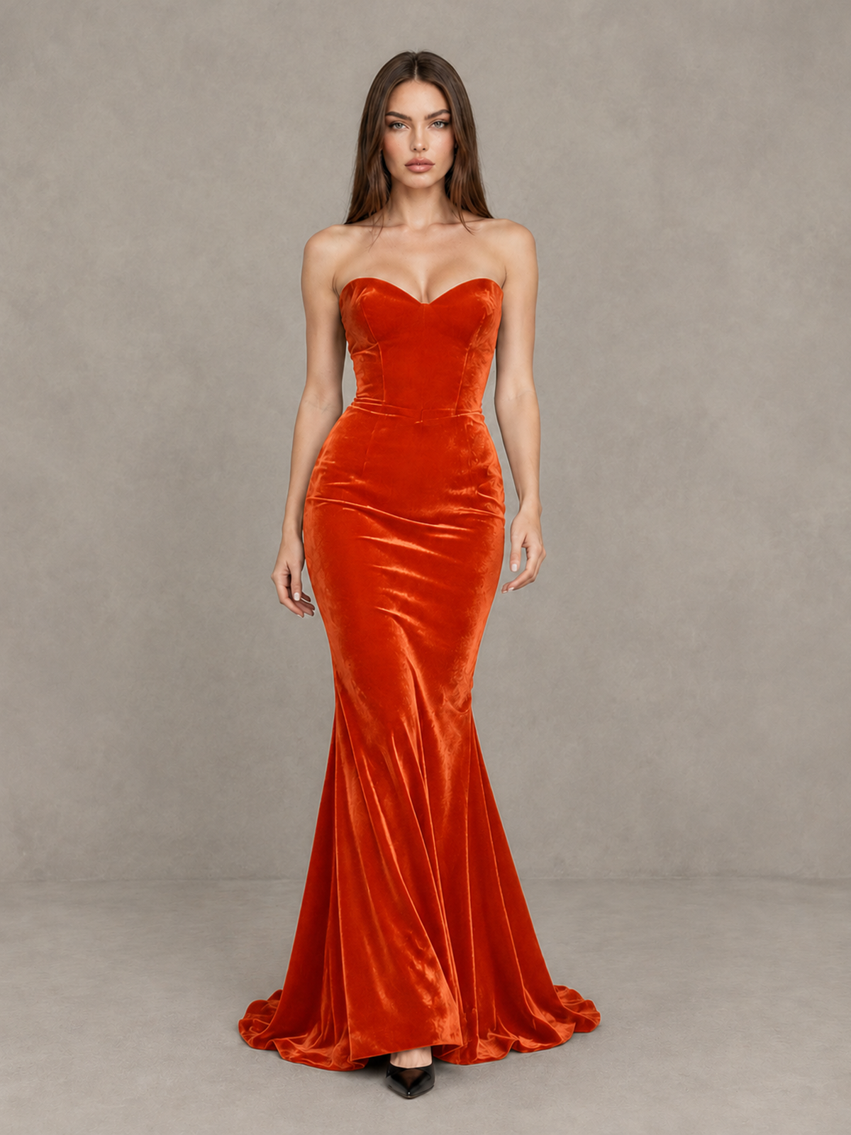 BOLODOO Orange Strapless Sweetheart Velvet-Look Mermaid Evening Dress - Orange - Orange_1