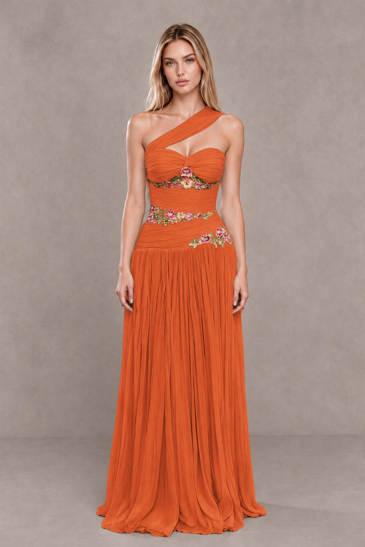 BOLODOO Orange One-Shoulder Floral Applique A-Line Evening Dress - Orange - Orange_1