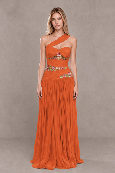 BOLODOO Orange One-Shoulder Floral Applique A-Line Evening Dress - Orange - Orange_1