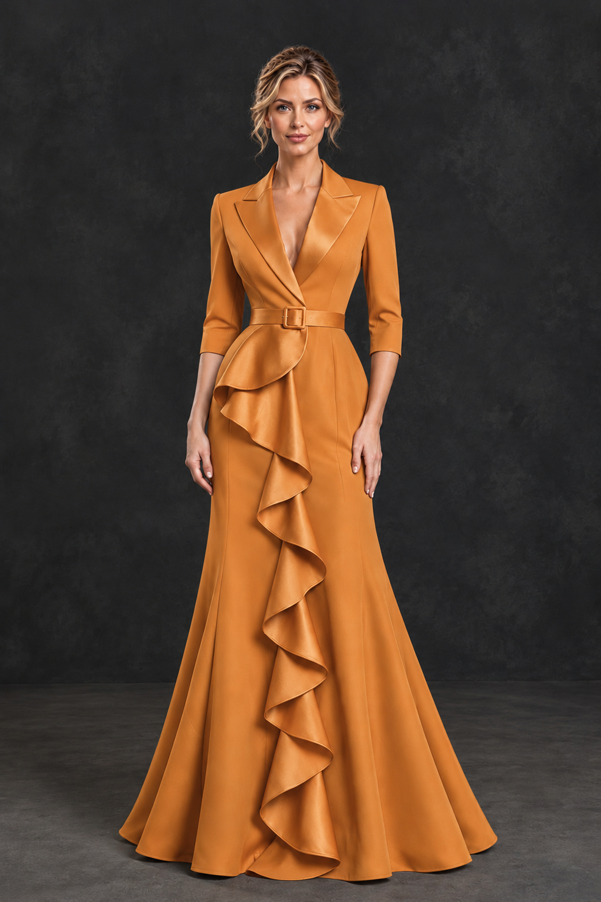 BOLODOO Orange Lapel Ruffle Mother of the Bride Dress with Belt - Orange - Orange_1
