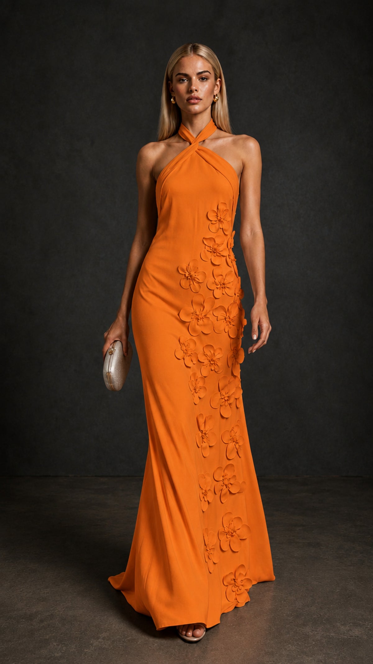 BOLODOO Orange Cross Halter Neck 3D Floral Appliqué Backless Mermaid Maxi Gown - Orange