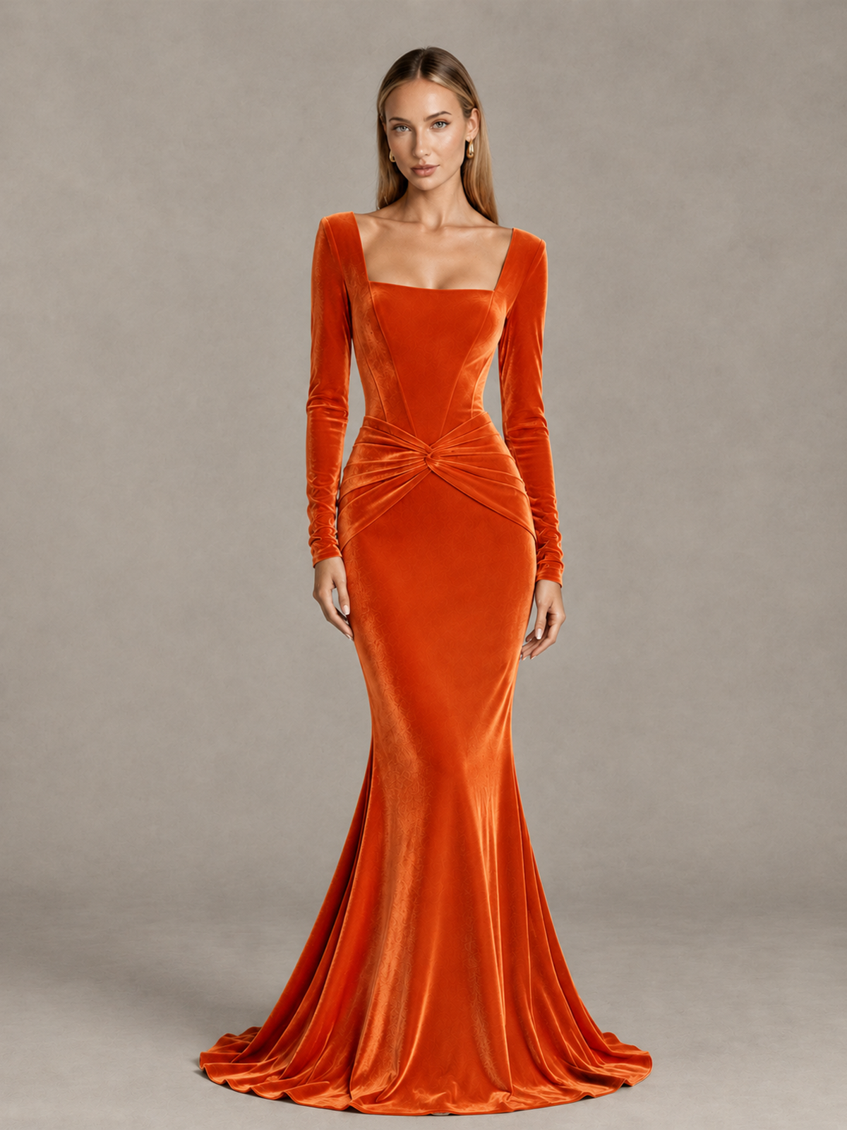 BOLODOO Orange Velvet-Look Square Neck Long Sleeve Mermaid Evening Dress - Orange - Orange_1