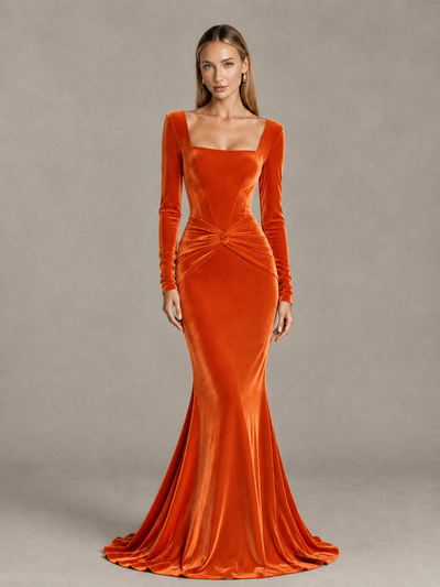 BOLODOO Orange Velvet-Look Square Neck Long Sleeve Mermaid Evening Dress - Orange - Orange_1