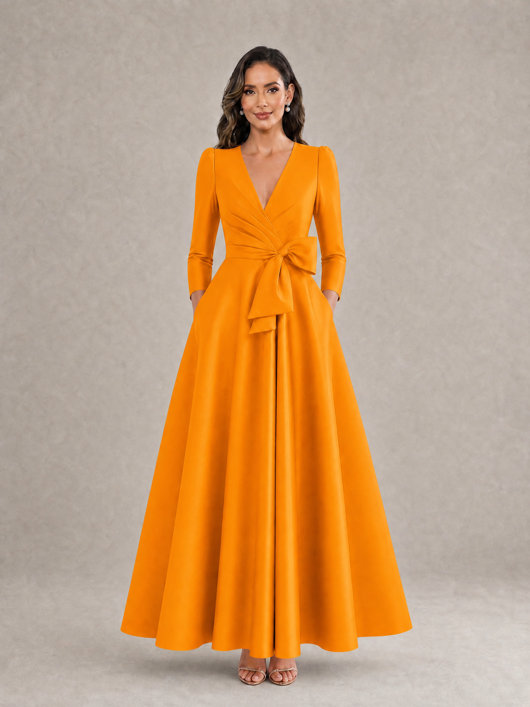 BOLODOO Orange Satin Deep V-Neck Wrap 3/4 Puff Sleeve A-Line Ball Gown Maxi Dress with Oversized Bow Belt - Orange