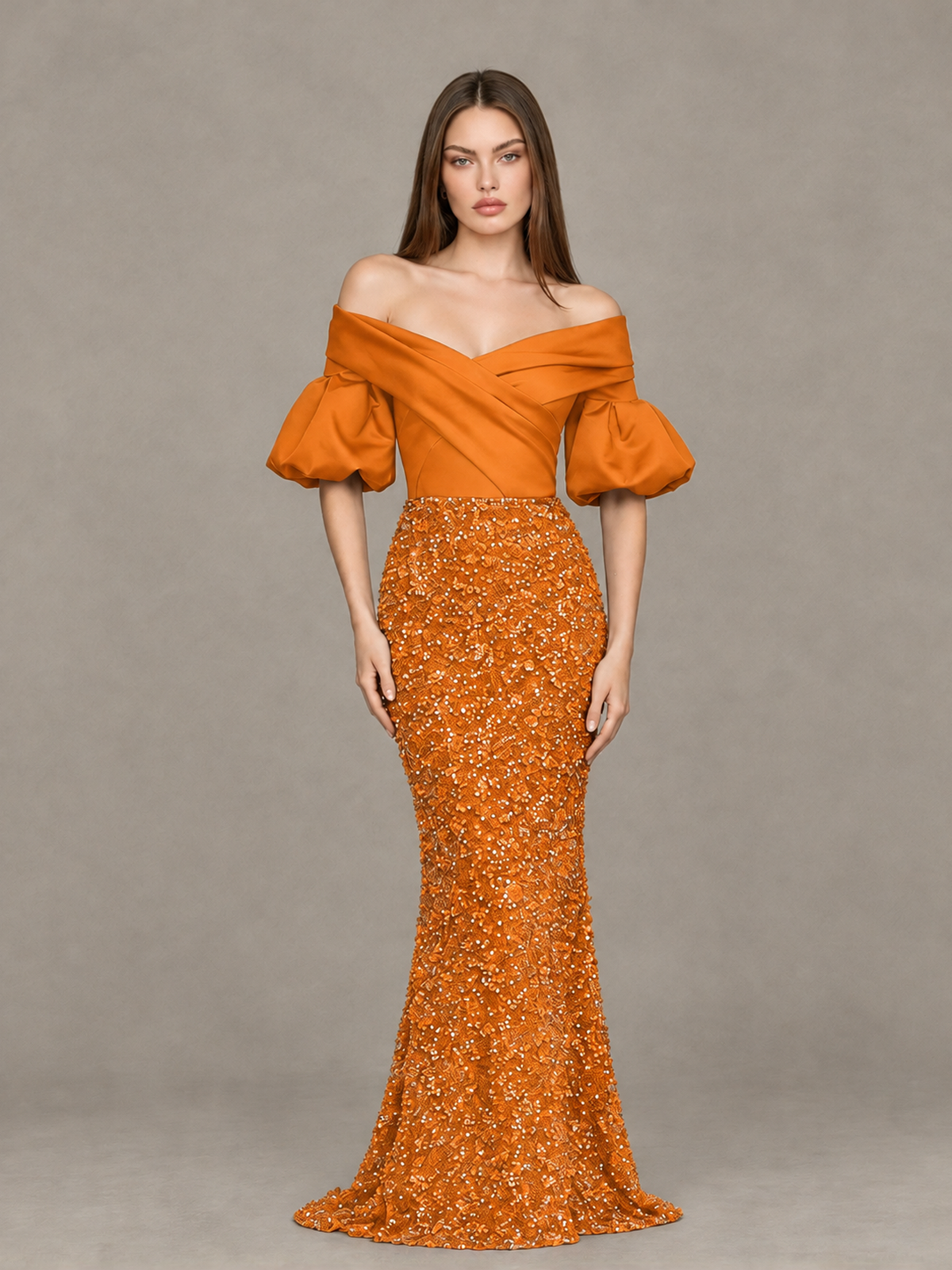 BOLODOO Orange Off-Shoulder Puff Sleeve Sequin Mermaid Evening Dress - Orange - Orange_1