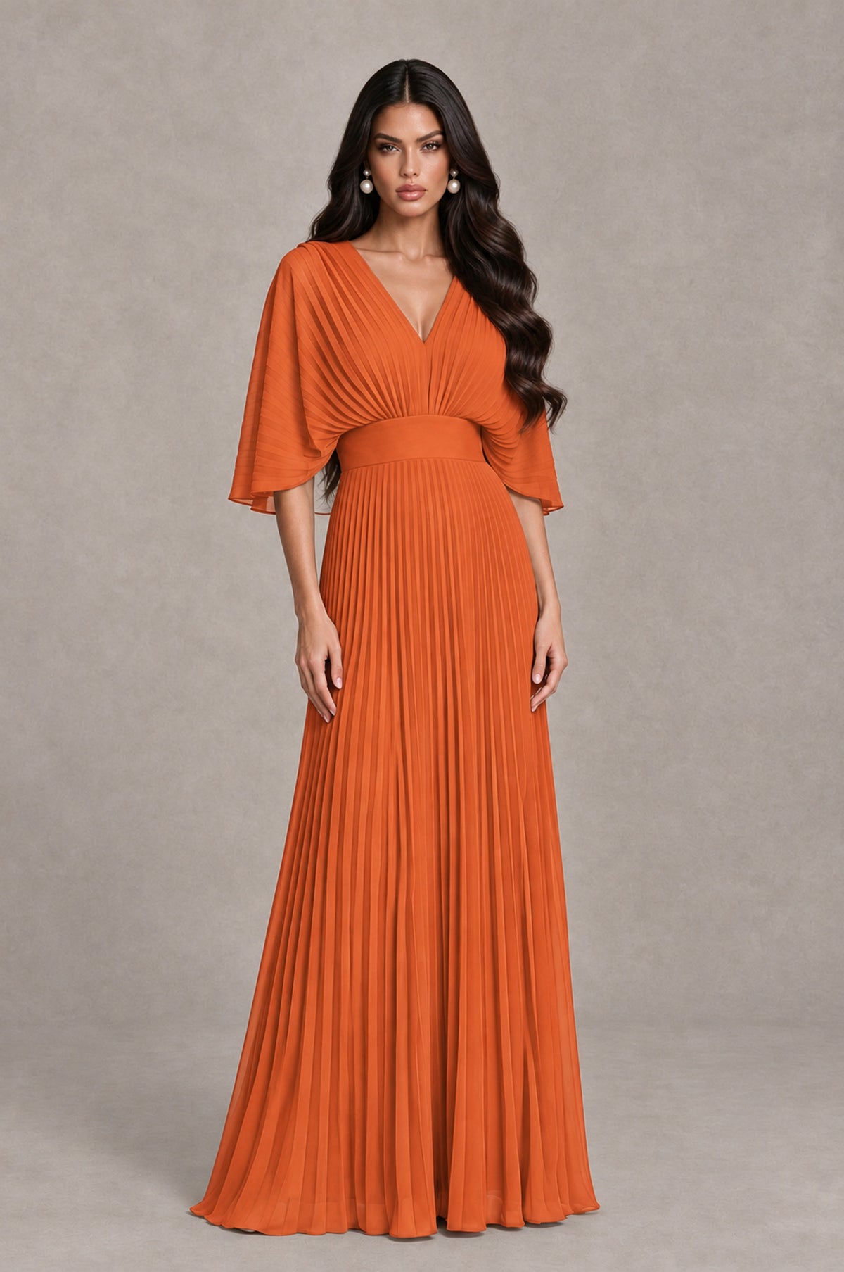 BOLODOO Orange V-Neck Pleated Flutter Sleeve Formal Dress - Orange - Orange_1