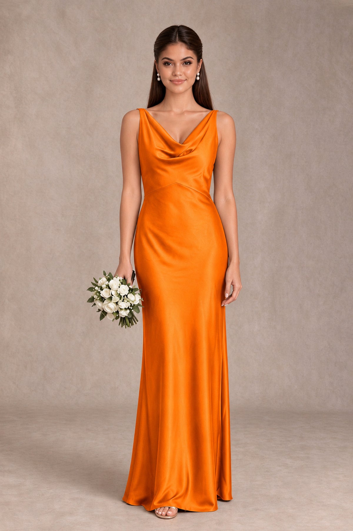 BOLODOO Orange Cowl Neck Open Back Satin Bridesmaid Dress - Orange - Orange_1