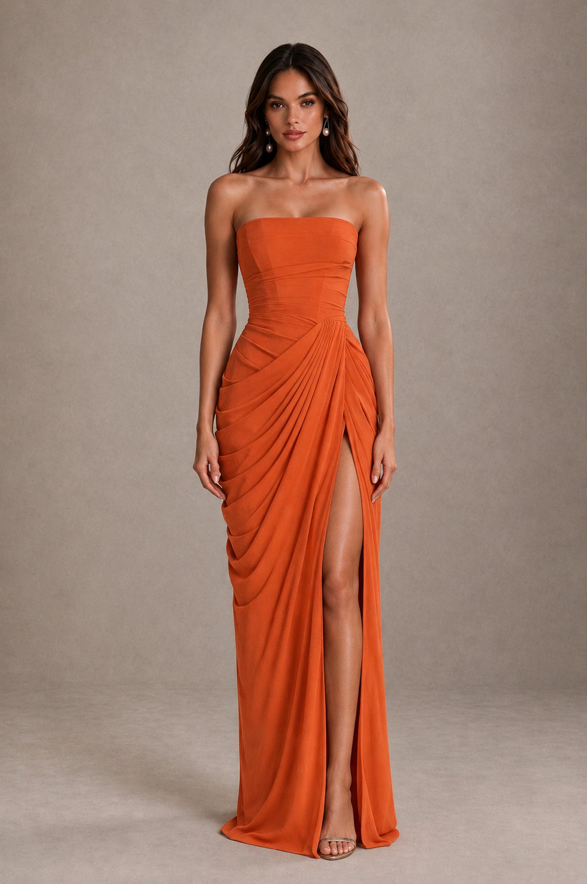 BOLODOO Strapless Draped Maxi Dress - Orange Backless Evening Gown with High Slit - Orange - Orange_1