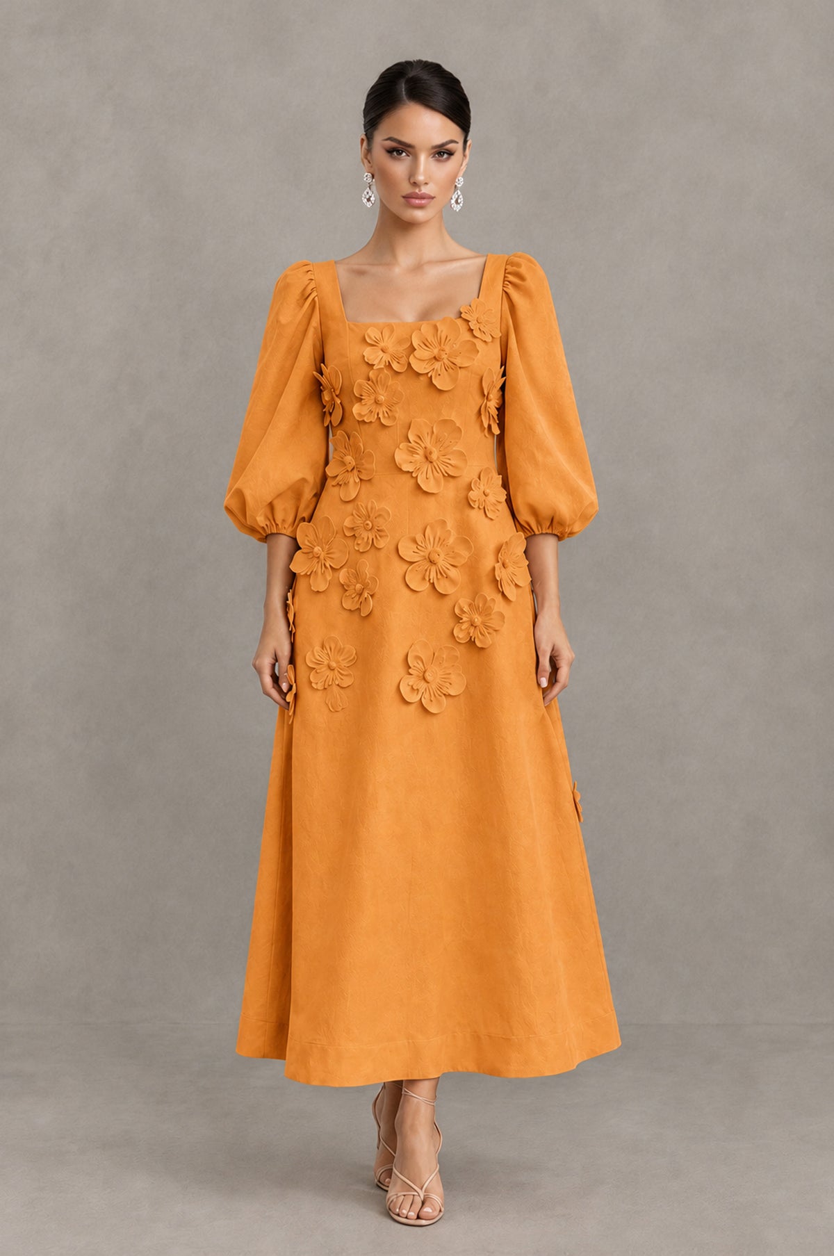 BOLODOO Orange 3D Floral Puff Sleeve Midi Cocktail Dress - Orange - Orange_1