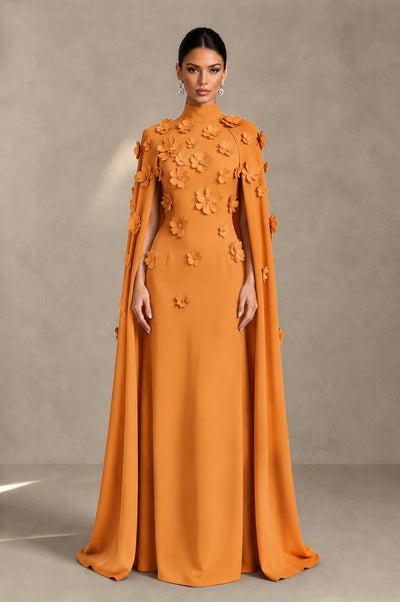 BOLODOO Orange 3D Floral Applique Cape Formal Dress - Orange - Orange_1