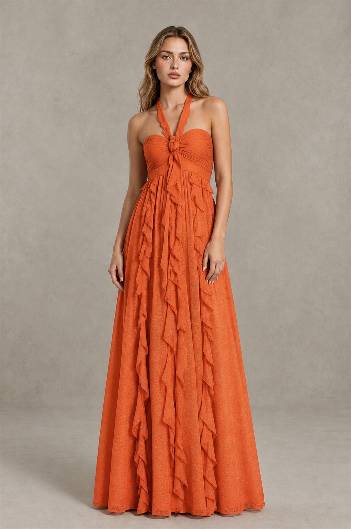 BOLODOO Orange Halter Ruffle A-Line Floor-Length Evening Dress - Orange - Orange_1