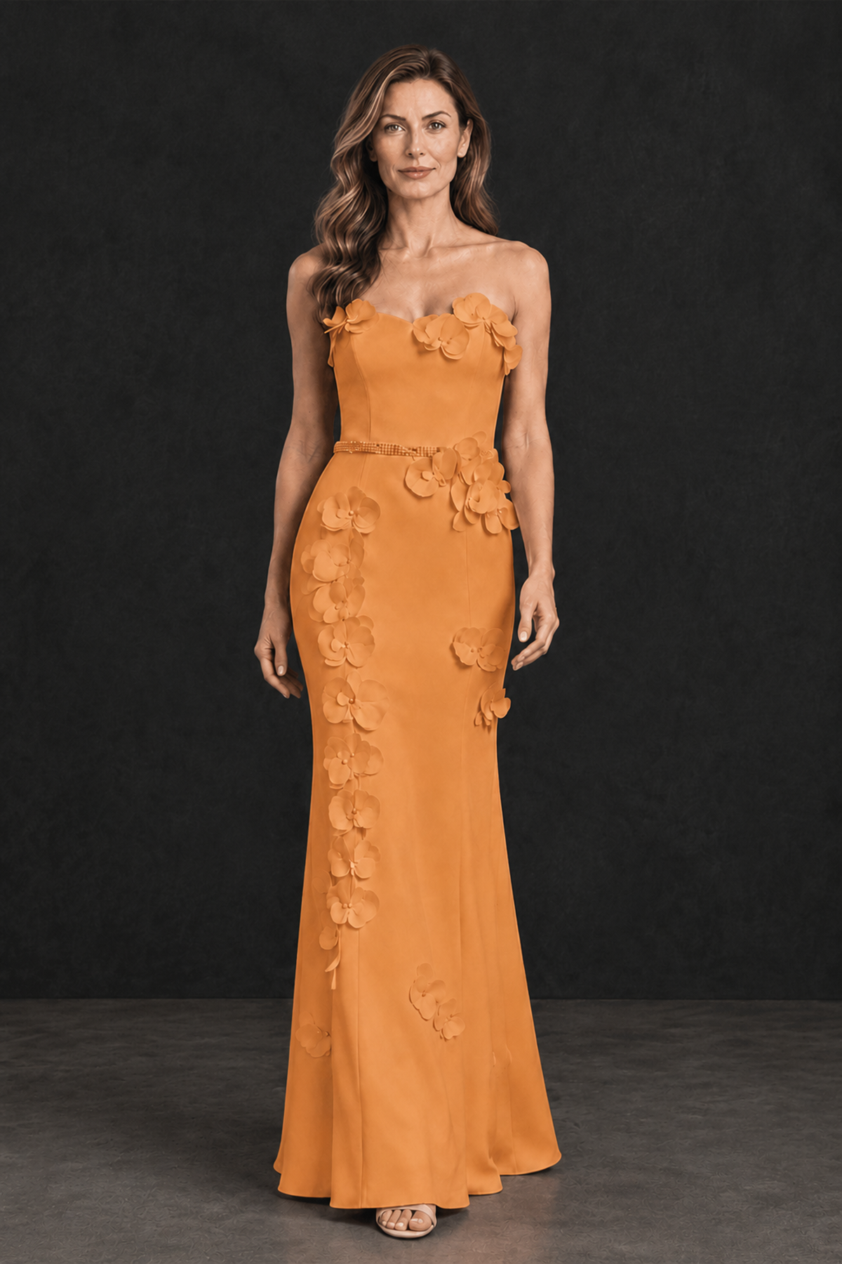 BOLODOO Orange Strapless Mother of the Bride Dress with 3D Floral Appliques - Orange - Orange_1