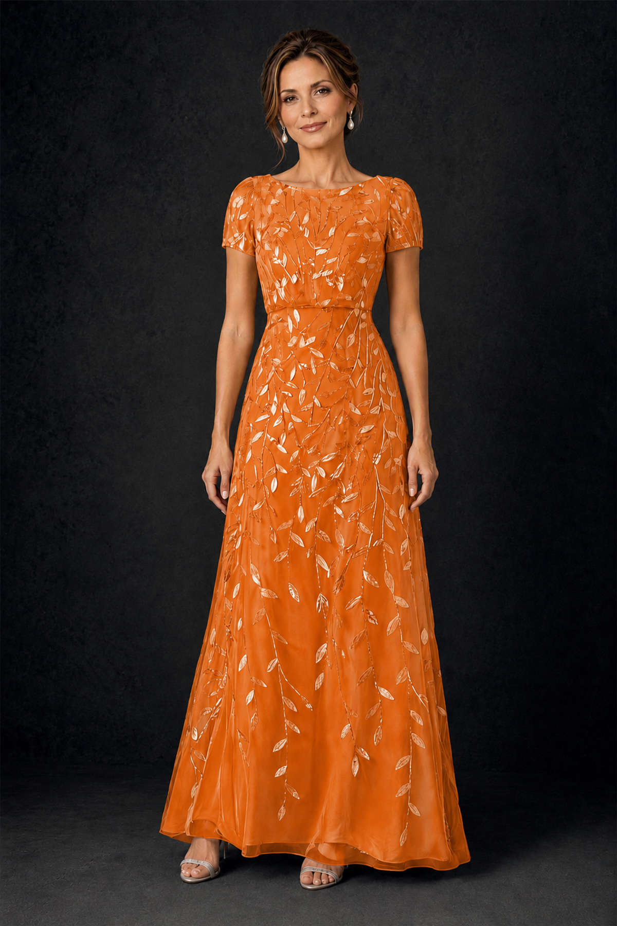 BOLODOO Orange Leaf Embroidered A-Line Formal Gown with Cap Sleeves - Orange - Orange_1